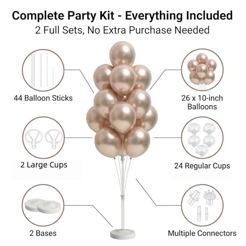 Image of 2 Sets Champagne Gold Balloon Stand Kit-Balloon Column Holder with Metallic Rose Balloons for Birthday, Wedding,Baby Shower,Graduation,Anniversary Party Decorations Centerpiece