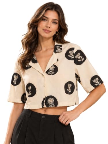 Image of Leriya Fashion Women Short Sleeve Crop Shirt | Notch Cuban Collar Front Button-Up Top | Floral Block Print Pattern Matte Texture Blouse | Casual Regular Fit Ladies Midriff Holiday Comfort