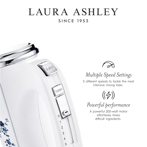 Laura Ashley Hand Mixer Electric Handheld 200W - Hand Held Electric Whisk with 5 Variable Speeds - Hand Mixers with Durable Stainless Steel Beaters - Easy to Clean Light Weight Cake Mixer for Baking