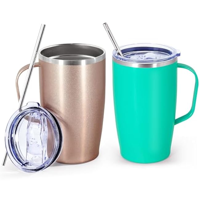 16oz Insulated Coffee Tumbler with Lid, 2Pack Stainless Steel Cups with Handle, Double Wall Vacuum Travel Coffee Mug with Handle for Working Travel Driving, Green&Rose gold