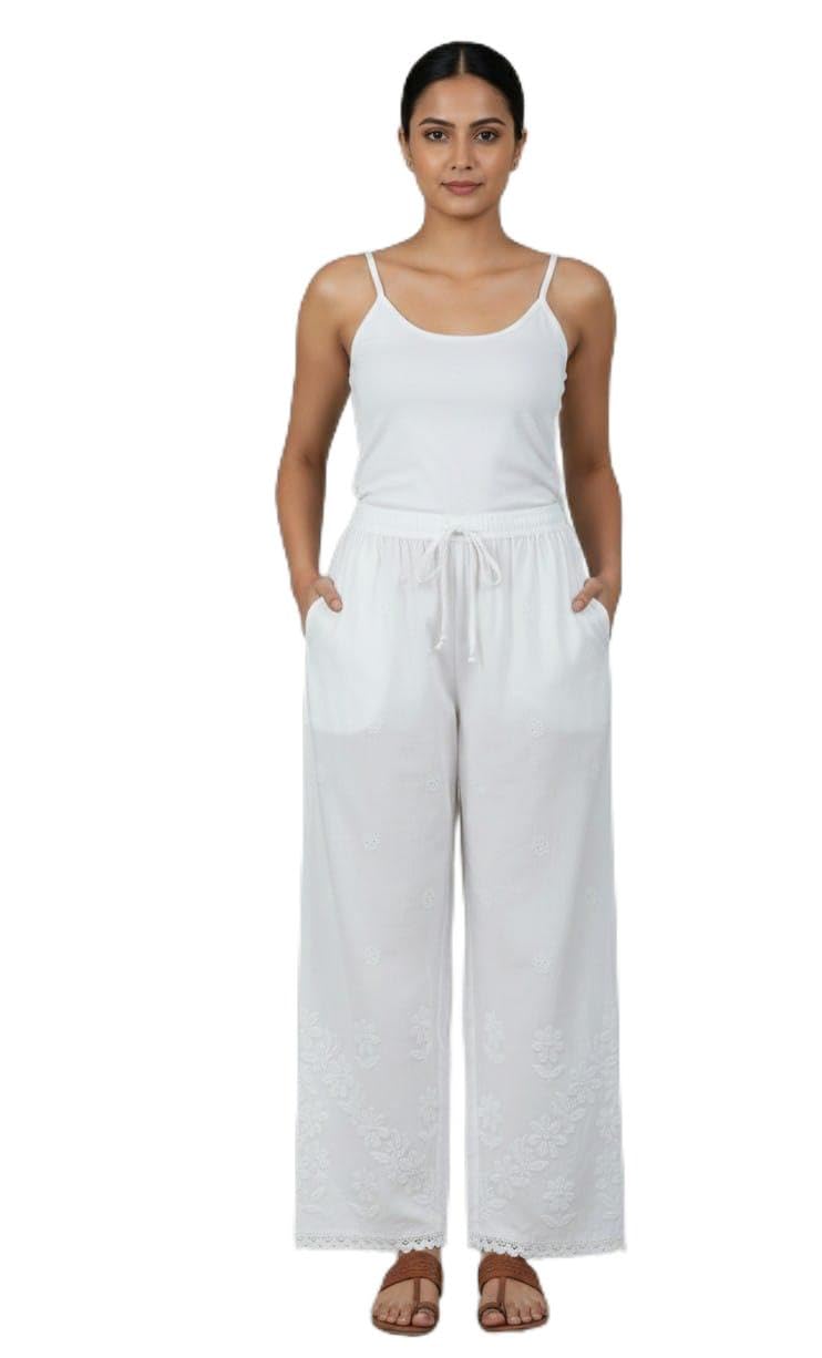 White Chikankari Embroidered Cotton Palazzo Pants with Floral Thread Work and Lace Trim, Relaxed Fit, Traditional Lucknowi Style (XXXL)-picture-37