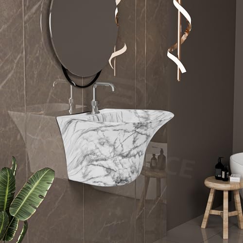 Image of REMANENCE Luxury Wall Mount Half Pedestal Wash Basin for Bathroom | Designer Wall Hung Basin | Wall Mounted Washbasin for Resturent, Hotels (16 x 16 x 11 Inch) (White Black Stripe)