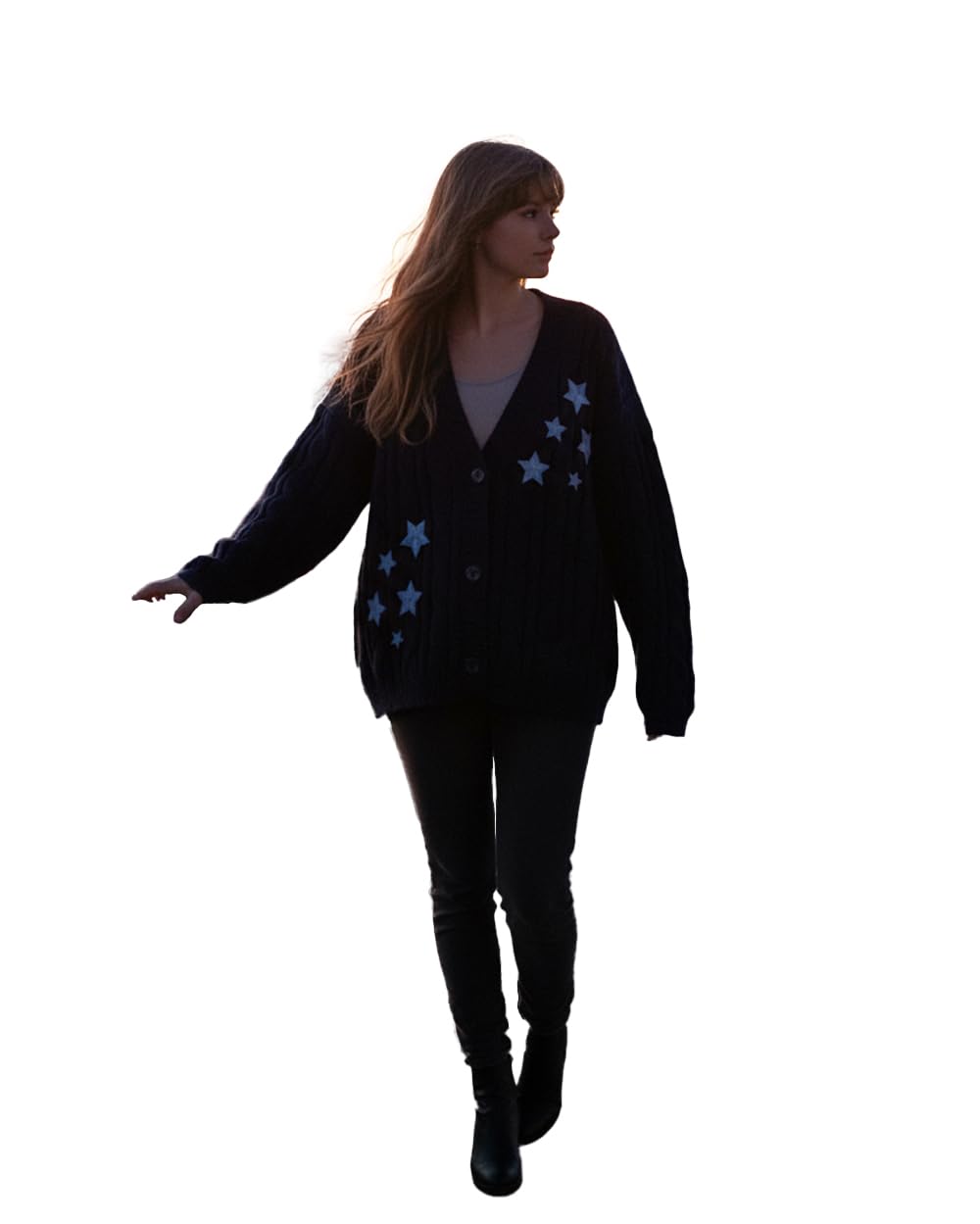 Women Cardigan Cozy Knit Sweater Embroidery Cardigan Navy Blue