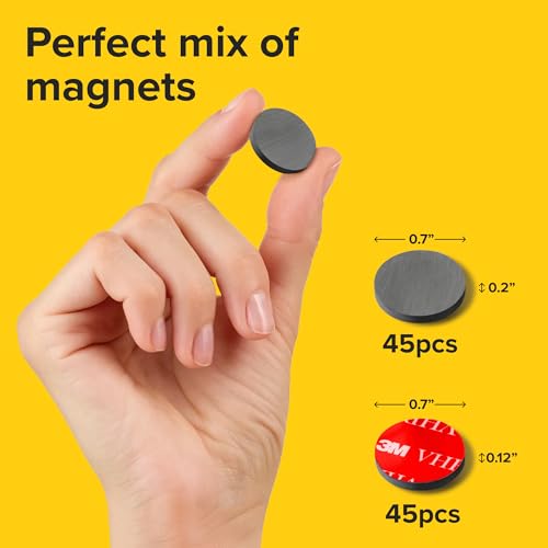 Image of Ultra-Strong Ceramic Round Magnets with Adhesive Backing (2 Sizes Mix, 90 pcs) - Heavy Duty Sticky Magnets, Non-Corrosive, Versatile for Home, Office, Workshop, Whiteboard, Fridge and Hobby Use