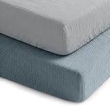 Comfy Cubs 100% Muslin Crib Fitted Sheet 2 Pack, Pacific Blue and Heather - 100% Cotton, Soft & Breathable Crib Sheets for Toddler Mattress - Snug Fit, Secure Elastic with Beautiful Packaging