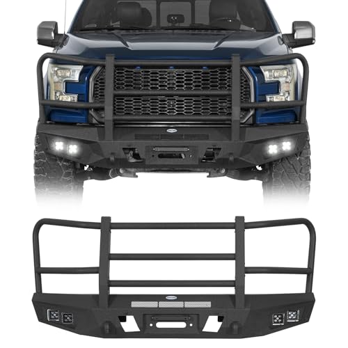 Hooke Road F150 Front Bumper Grille Brush Guard for Ford F-150 2015 2016 2017 (Exclude Raptor), Steel Push Bull Bar with Winch Plate & Recovery Mounts, Full-Width Offroad Protection