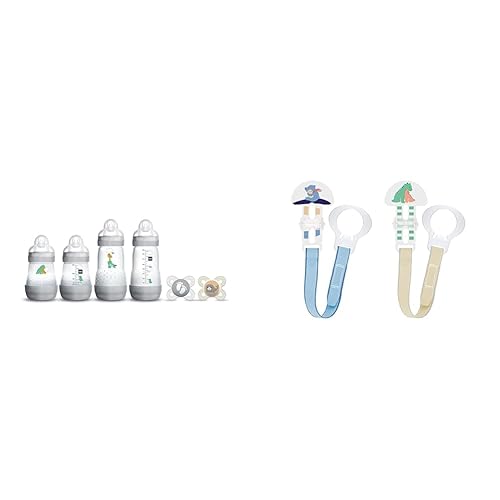 MAM Feed & Soothe - Juego de regalo de botella y chupete, unisex, para más de 0 meses, 6 unidades y 2 clips para chupetes con cierres y anillos