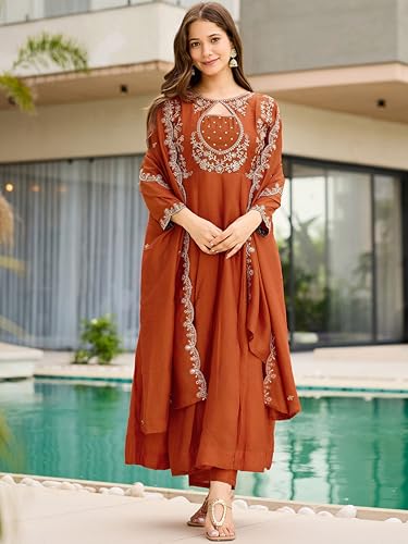 Image of Silk Anarkali Kurta Set, Rust Orange, Embroidered, 3-Piece with Dupatta, Women's Festive Wedding Ethnic Wear.