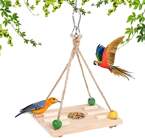 Parrot Swing Stand with Bird Water Feeder, Hanging Natural Wooden Bird Stands with Stainless Steel Birdcage Food Bowls, Perch Toys for Pet Parakeet Cockatiel Conure Finch Canary Cockatoo