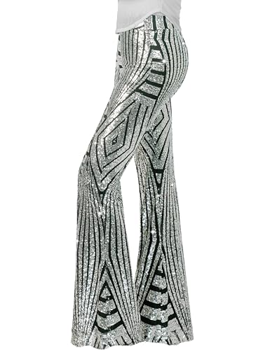 Nawgut Sequin Flare Pants Sparkly Glitter High Waisted Bell Botto...