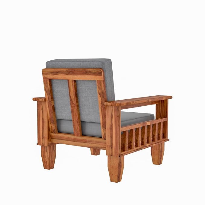 Image of Sheesham Wooden 1 Seater Sofa for Living Room | Rosewood 1 Seater Cushion Sofa with Side Newspaper Holder for Home & Office | Solid Wood Sofa Set for Lounge (Honey Finish)