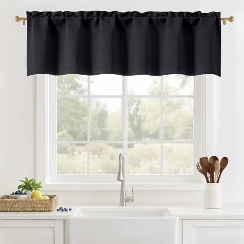 OVZME Black Valance for Windows - Solid Small Blackout Curtain Valance for Kitchen Farmhouse Dual Rod Pocket Short Curtain Basement Window Curtains 1 Piece 60Wx14L
