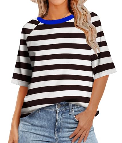 Zeagoo Womens T Shirts Short Sleeve Oversized Crew Neck Tops Striped Summer Fashion Trendy Soft Casual Comfys