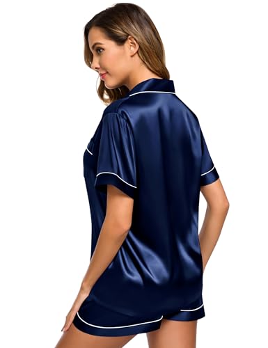 Image of SWOMOG Womens Silk Satin Pajamas Set Short Sleeve Sleepwear Button Down Top and Shorts Loungewear 2 Piece Pjs Set XS-3XL