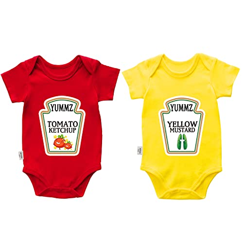 Image of AOUYOA Baby Twins Bodysuits Yummz Tomato Ketchup Yellow Mustard Short Sleeves Girl Romper Costume Set