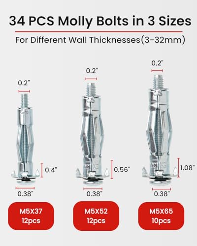 Molly Bolts for Drywall Plaster Walls (0.12-1.28), 34 PCS in 3 Sizes, Heavy Duty Hollow Wall Anchors with Setting Tool, Perfect for TVs, Curtain Rods, Mirrors, Towel Racks, Up to 55 lbs