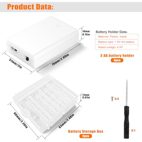 KUOQIY 4 Stücke 3x1.5V AA Batteriehalter, 4.5V Kunststoff Batteriehalter Gehäuse mit Eingebaut USB Buchse und EIN/AUS Schalter und Abdeckung, mit 2 Stücke Batteriebox aus Kunststoff, Weiß