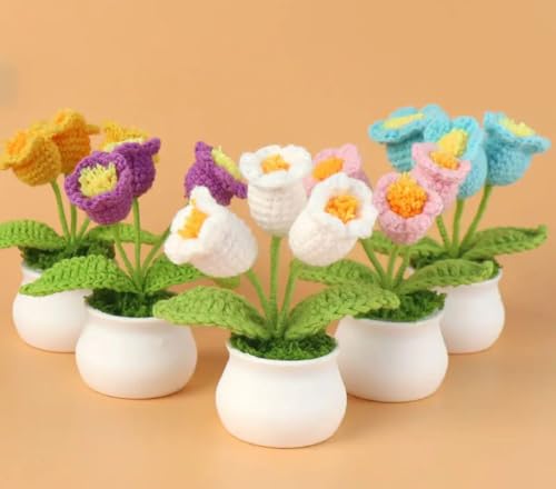 Image of VRB DecTM 1 Pcs Crochet Flowers Artificial Daisy for Office Desk Car Dashboard Decor,Home Decoration, Office, Bedroom, Christmas Decor, Wedding,Diwali (Lily Red Daisy with Pot)