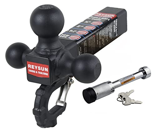Image of Trailer Hitch 864011L Tri Ball Mount with Hook, Tactical Tow Hook, Fits 2 inch Hitch Receiver, Secure with Self-Lock Latch, Matt Black, 5 /8 Inch Hitch Lock Included