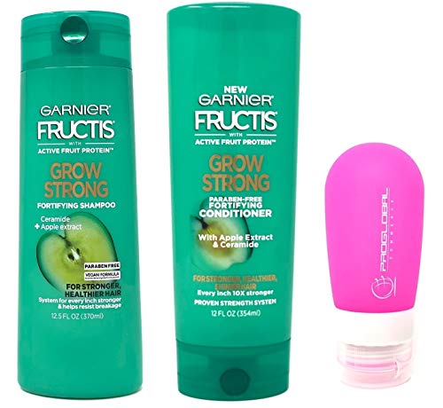 Garnier Fructis Grow Strong Shampoo (12.5 oz) & Conditioner (12 oz) Bundle with Silicone Travel Bottle