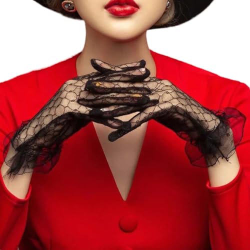 Aularso Women's Black Short Lace Gloves - Vintage Tulle Opera Evening Banquet Gloves for Costume