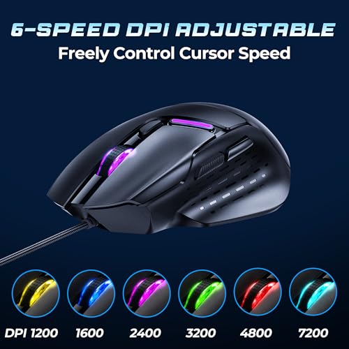 Image of Uineer Wired Gaming Mouse, 7200 DPI, 6 Programmable Buttons, RGB Lighting | 6 programmable buttons, adjustable 7200 DPI, RGB lighting and quiet clicks for work or gaming.