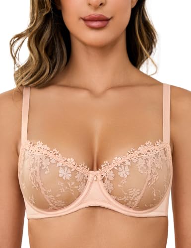 Image of Wingslove Women's Sexy Lace Bra Demi Sheer Mesh Balconette See Through Bralette Unlined Underwire Embroidered