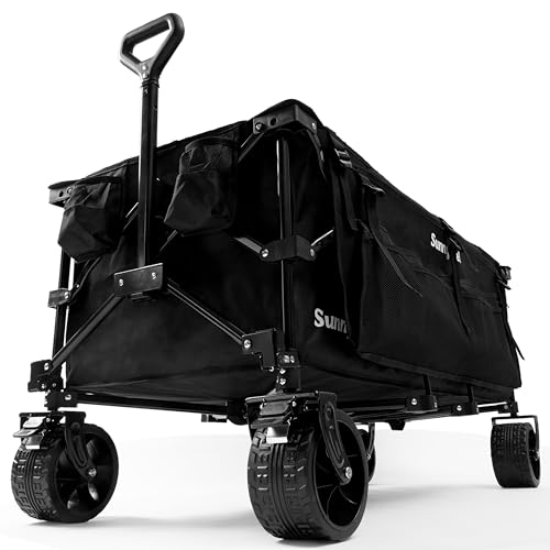 SUNNYFEEL 49''L 550lbs Heavy Duty Wagon Cart Foldable with Wheels,Extra Long Fold Up Wagons Carts with Side Pocket and Brakes for Camping Sports Garden Shopping (Black) Black Large