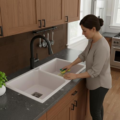 Image of EVANEX Quartz Sink for Kitchen | Double Bowl | Topmount /Undermount Kitchen Sinks | Rosa Double Sink with Connector, Waste Pipe, Coupling and Drain Basket | 37x18x9 Granite Kitchen Sinks
