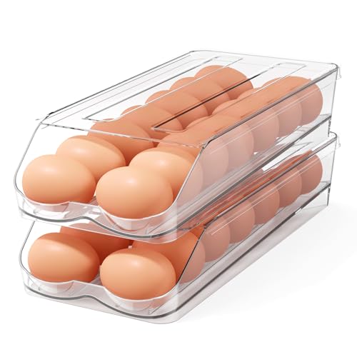 Egg Holder for Fridge,Automatic Rolling Egg Container for Refrigerator,Clear Stackable Egg Organizer with Removable Lid  - Detailed View