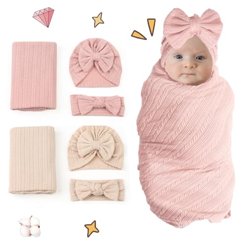 2Pcs Baby Swaddle Sack,Cotton Swaddle Blanket,Manta Bebé Recien Nacido,Saco de Dormir Bebe,Manta de Arrullo Cobija Manta Envolvente para Swaddle Bebés 0-3 Meses Niñas Niños con sombreros y turbantes