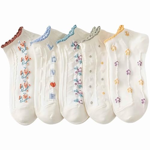 Image of Lefe Liee flower crew socks for women, girls cute Casual cotton socks, ruffle floral ankle socks 5 Pack