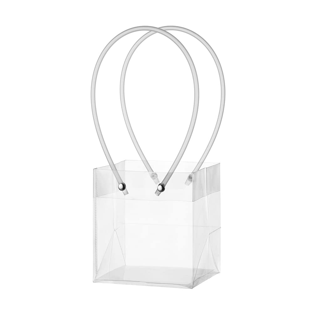 AWELLSmall Clear Gift Flower Bag with Handle Pacakaging Bag Party Favours Bag 4.3x4.7x3.9inch for Birthday Anniversary Baby Shower Reveal Recycled Bag,Transparent,Pack of 10