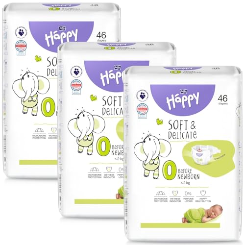 bella baby Happy Windeln soft & delicate Größe 0 Before Newborn < 2 kg, (3 x 46 Stück) | für Frühgeborene mit besonderen Bedürfnissen