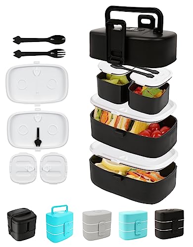 Wagindd Bento Box - Leak-Proof Stacking Lunch Boxes with 4 Compartments - BPA-Free, Dishwasher & Microwave Safe Toddler & Adult Lunchbox, Eco-Friendly Lunch Containers For Kids And Adults (Black)