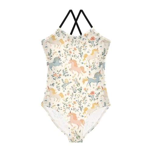 ALAZA Unicorn Flower Floral Girls Swimsuit Bathing Suit Beach Swimwear One Piece 3-10T