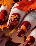 Square Press on Nails Autumn Fall Fake Nails Glossy Red Artificial...