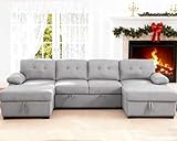 asunflower Sectional Couch Sleeper Sofa with Double Storage Chaise 120' Oversized Pull Out Couch Bed for Living Room Apartment Simple Assembly 4-5 Seater U Shaped Sofa Bed(Grey)