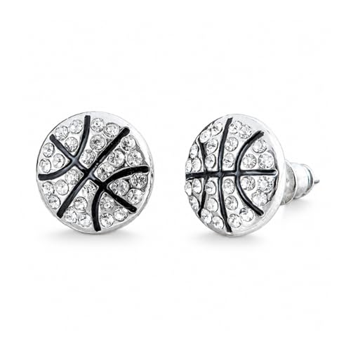 Basketball Stud Earrings for Women and Teens, Rhinestone Basketball Earrings, Silver Tone...