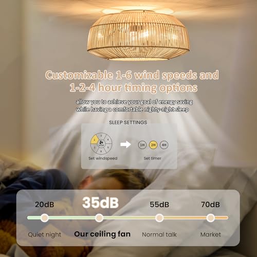 zheshirui 20" Boho Caged Ceiling Fan with Lights Flush Mount, Low Profile Rattan Ceiling Fans with Lights and Remote Control, Enclosed 6 Speeds for Bedroom, Living Room, Kitchen - Image 5