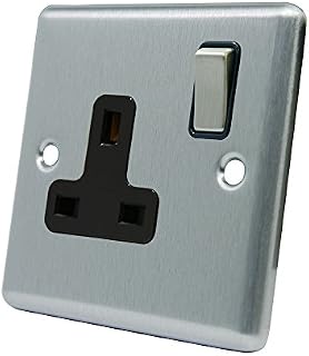 AET CSC1GSOCBS 13 A 1-Gang Satin Finish Chrome Classical Single Plug Socket with Black Insert Metal Rocker Switch