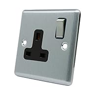 13 Amp Single 1 Gang Electrical Wall Plug Socket Brushed Satin Matt Chrome Stainless Steel Effect Metal Plate Classical Style - Raised Profile Black Insert with Metal Rocker Switches