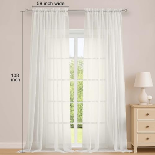 Image of OWENIE Ivory Sheer Curtains 108 Inches Long for Living Room Bedroom 2 Panels Set, Lightweight Airy Ivory Sheer Curtain, Filmy Voile Rod Pocket, 2 PCS, Each 59 inch W x 108 inch L