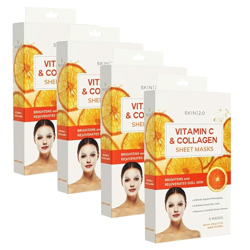 Image of Skin 2.0 Vitamin C & Collagen Sheet Mask - Anti-Aging, Wrinkle & Age Spot Reducer, Hydrating & Moisturizing - Dermatologist Tested Korean Skincare, Clean Beauty, All Skin Types - 20 Count
