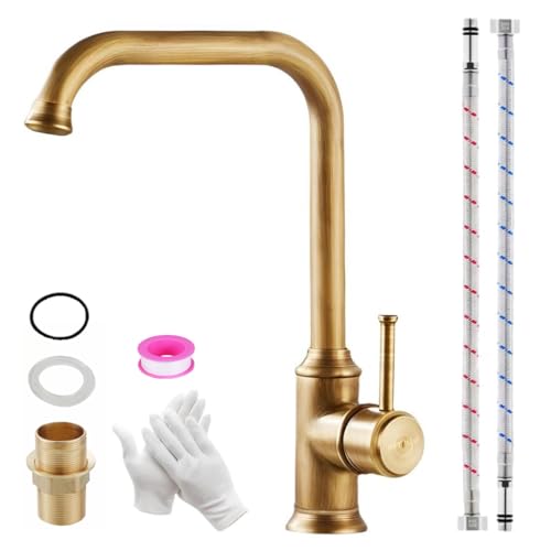 KOPYFANTAP Vintage Robinet Cuisine Laiton Antique, Retro Mitigeur Evier de Cuisine Bronze, Pivotant à 360° Mitigeur Cuisine à Poignée Unique avec Tuyau...