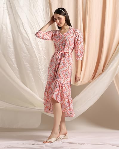 Image of Leriya Fashion Dresses for Women Crepe Abstract Print Belt Waisted High N Law with Ruffled Hem in Wrap-Up Western Dress Shopping College Holidays Office Wear Casual Dress for Girls