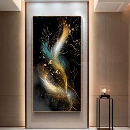 Peinture nordique affiche murale plumes sur fond noir toile imprimée 80x160cm