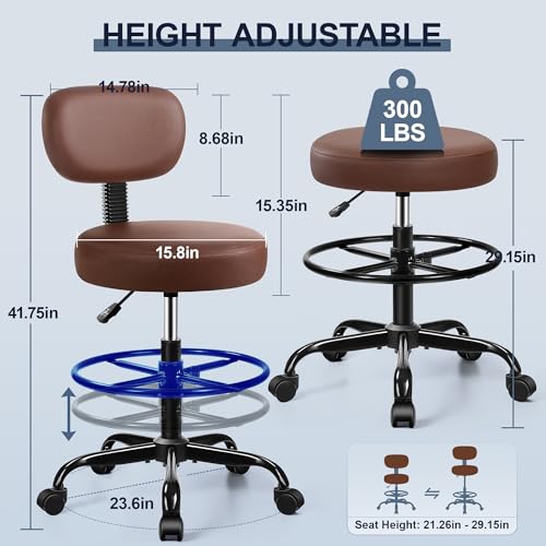 Image of Brick Attic Drafting Chair with Backrest - Adjustable Foot Rest Rolling Stool with Wheels, PU Leather Swivel Stool for Office Spa Studio Lab Counter Salon Home Work Bar Kitchen Shop(Brown)