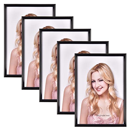 Yastouay Marco de fotos DIN A4, 21 x 29.7 cm, juego de 5 marcos de fotos de plástico negro con ganchos de cristal acrílico irrompible, moderno marco decorativo para varias fotos, retratos Cover