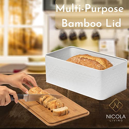 White Bread Box For Kitchen Countertop - Bread Box With Bamboo Wood Cutting Board Lid - Farmhouse White Bread Boxes - Metal Large Bread Box Modern Style To Extend Freshness - Bread Storage Container #TOP4